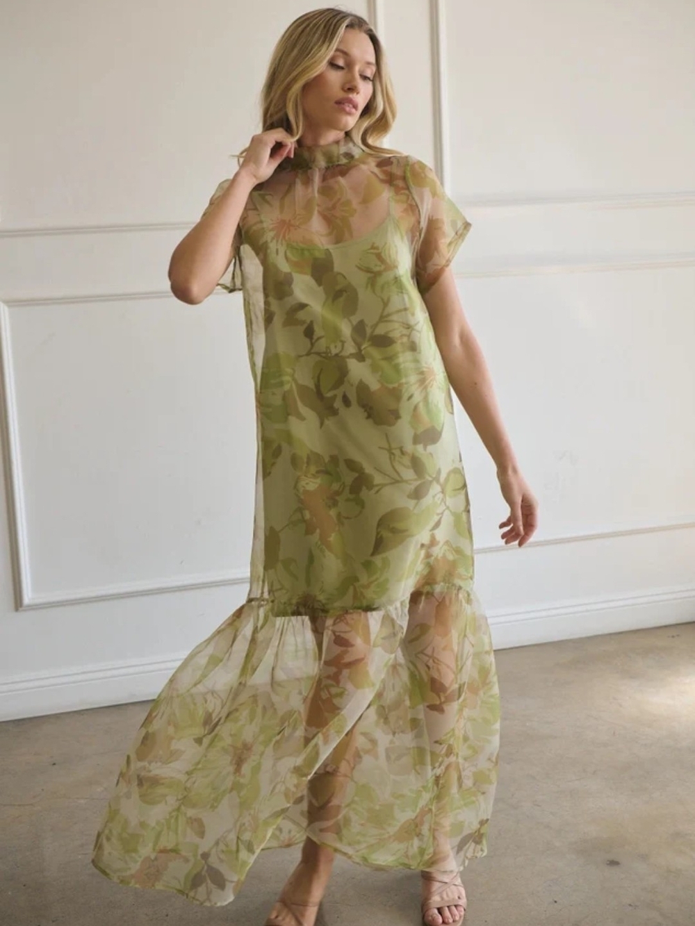 Sheer Floral Maxi Dress in Sage Green